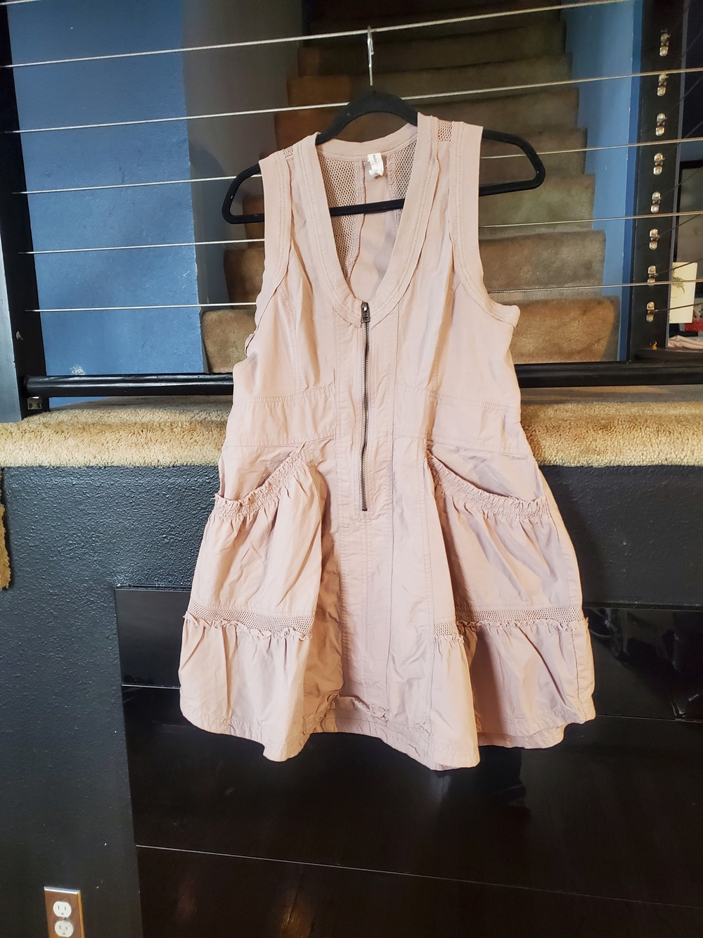 Sleeveless Blush Zip-Front Mini Dress with Gathered Pockets